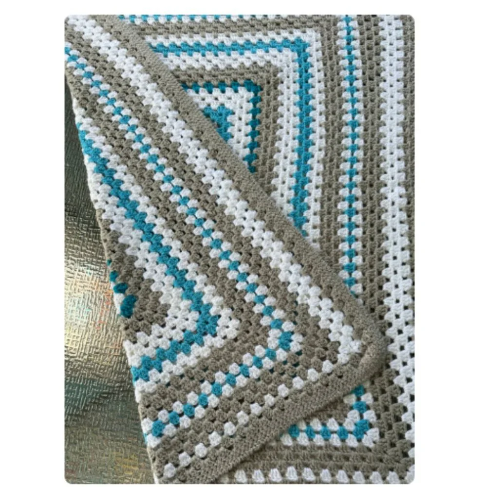 Handmade Crochet Granny Square Blanket 32 x 37 inch Teal Gray White